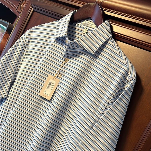 Brand New Peter Millar Blue & White Striped Crown Sport Performance Golf Polo! - Picture 1 of 11